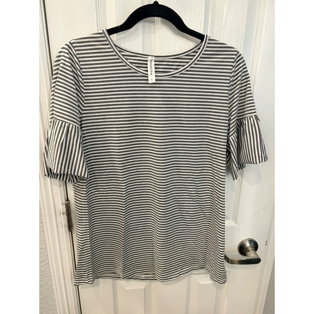 Tickled Teal Top Grey White Striped Ruffle Bell Sleeve Crew Neck Casual Tee